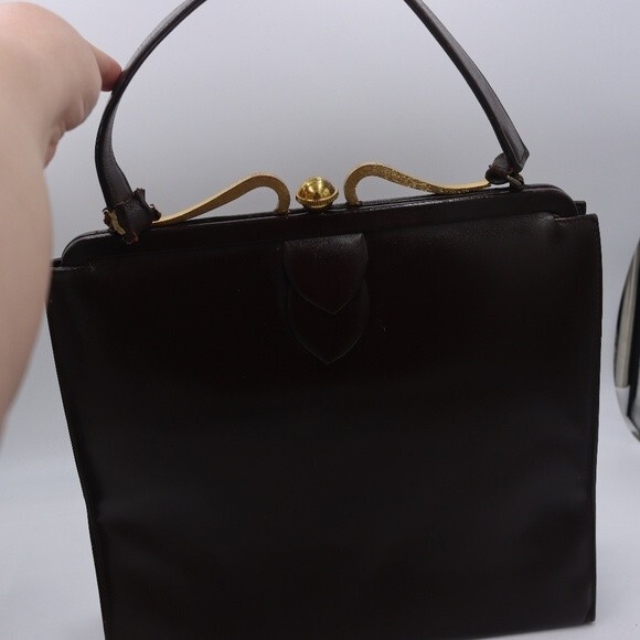 Vintage 1960s Large Brown Leather Handbag Gold Frame Kiss Lock Purse - Picture 4 of 16